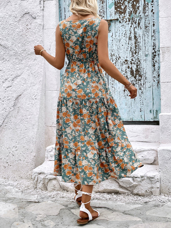 Fashion Casual Ladies Button Sleeveless Floral Print Dress