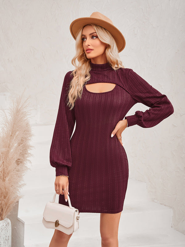 New women's hollow solid color slim long-sleeved hip dress