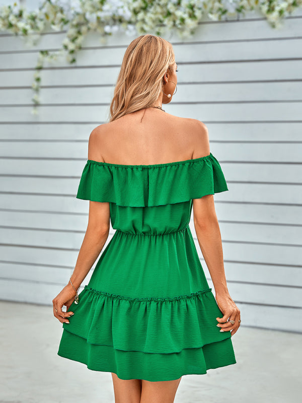 Spring and summer casual strapless ruffled solid color dress