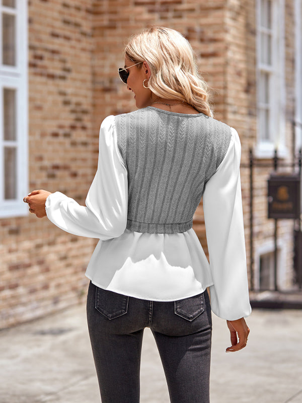 New women's casual solid color V-neck stitching long-sleeved top