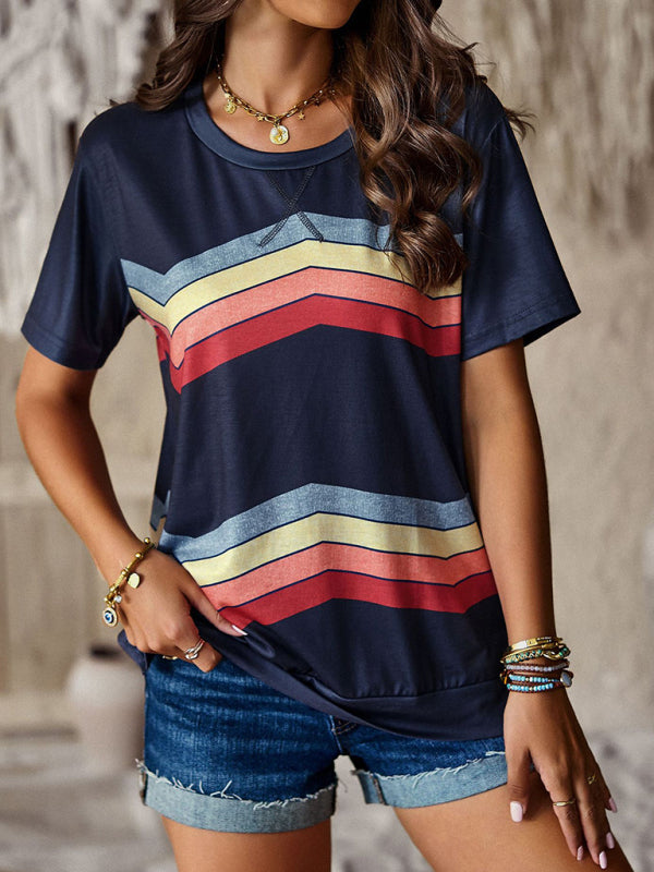 New round neck T-shirt rainbow strip top