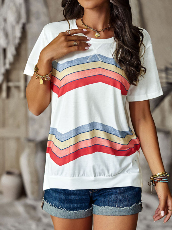 New round neck T-shirt rainbow strip top