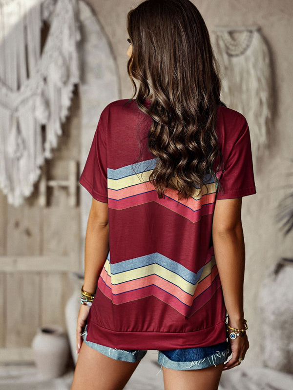 New round neck T-shirt rainbow strip top