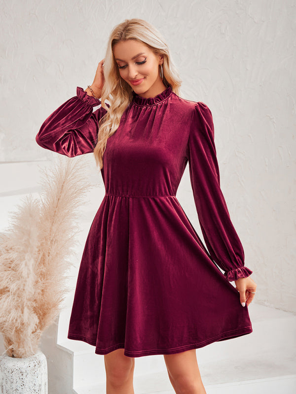 Turtleneck velvet solid color waist dress