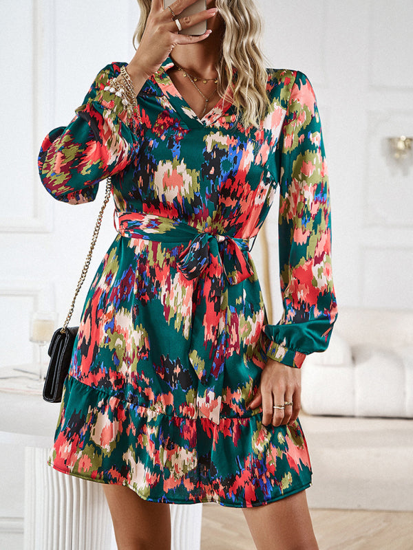 Temperament and elegant V-neck printed waist dress with belt