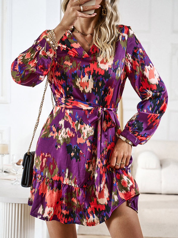 Temperament and elegant V-neck printed waist dress with belt