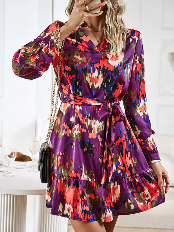 Temperament and elegant V-neck printed waist dress with belt