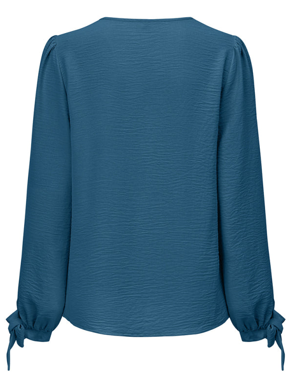 Women's Casual V Neck Long Sleeve Solid Color Slim Top