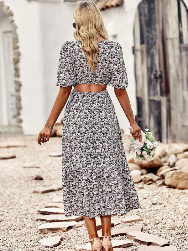 New round neck printed waist temperament A-line dress