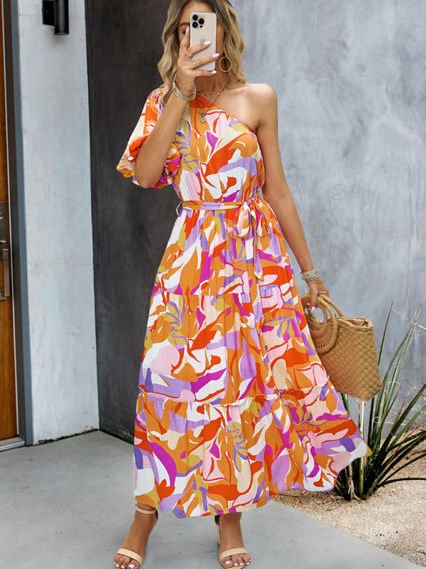 Women's printed temperament elegant one-shoulder long dress