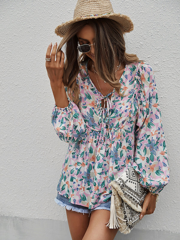 New style casual holiday style floral long-sleeved tie shirt top