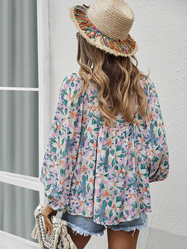 New style casual holiday style floral long-sleeved tie shirt top