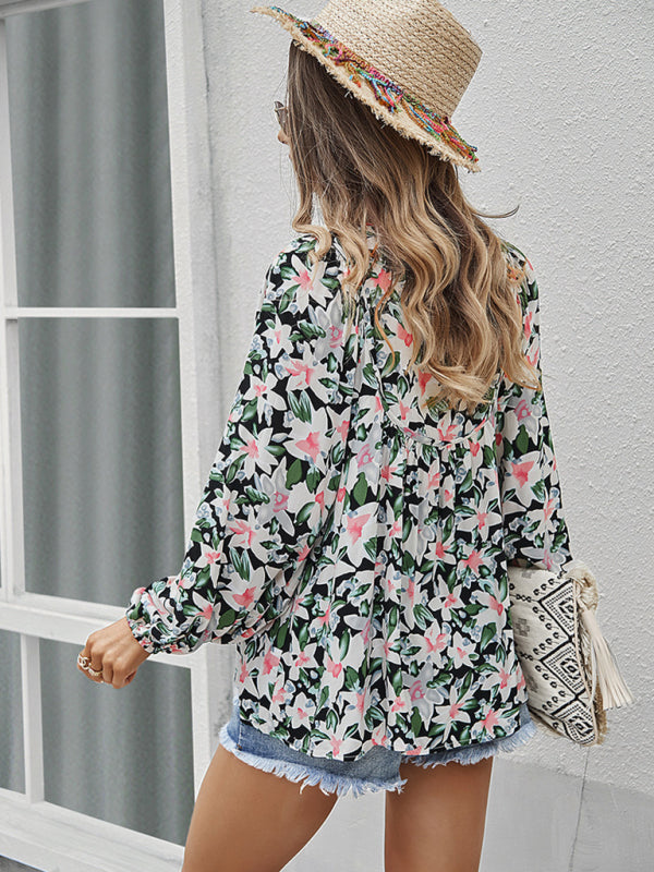 New style casual holiday style floral long-sleeved tie shirt top