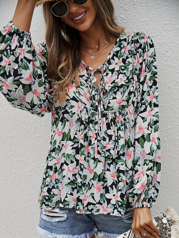 New style casual holiday style floral long-sleeved tie shirt top