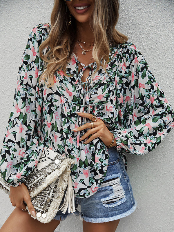 New style casual holiday style floral long-sleeved tie shirt top