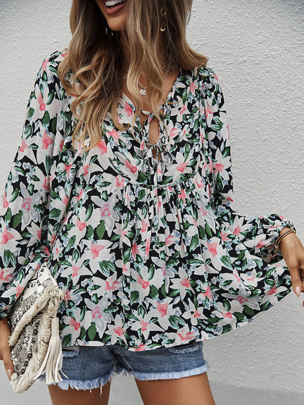 New style casual holiday style floral long-sleeved tie shirt top