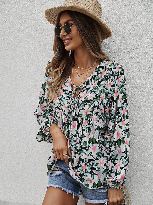 New style casual holiday style floral long-sleeved tie shirt top