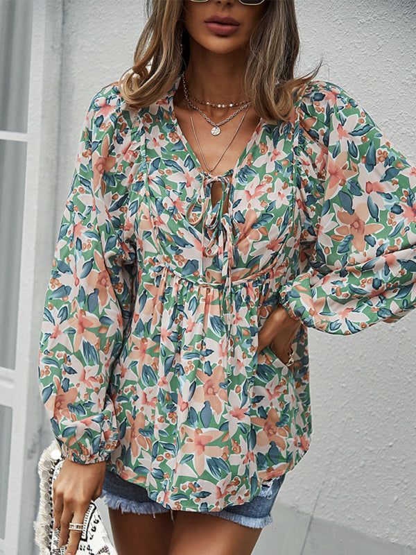 New style casual holiday style floral long-sleeved tie shirt top