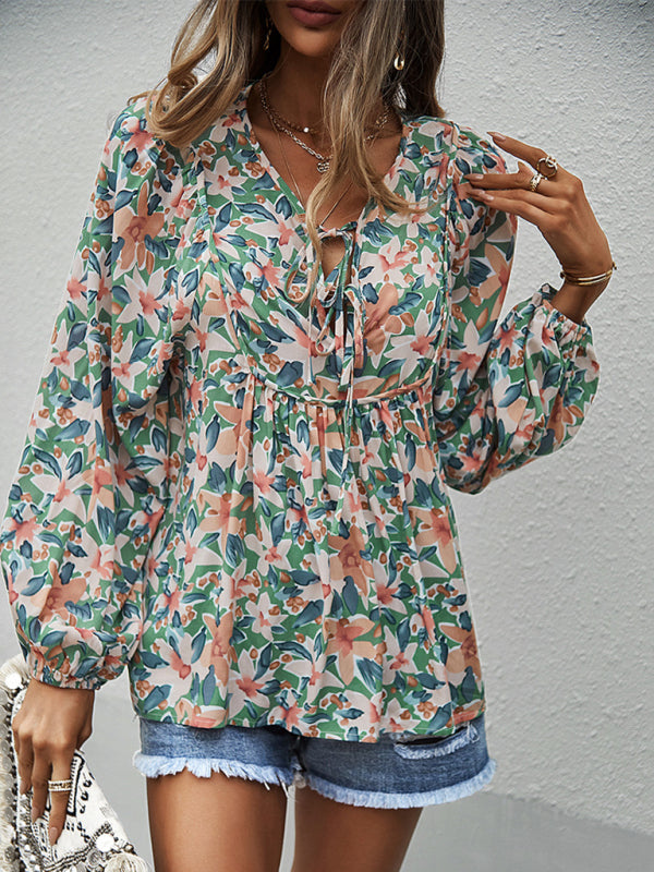 New style casual holiday style floral long-sleeved tie shirt top