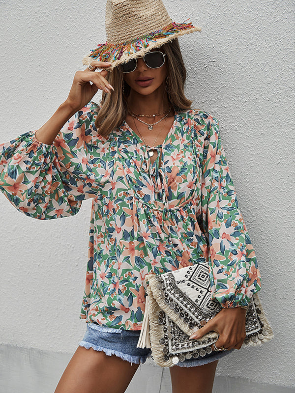 New style casual holiday style floral long-sleeved tie shirt top