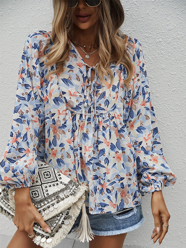 New style casual holiday style floral long-sleeved tie shirt top