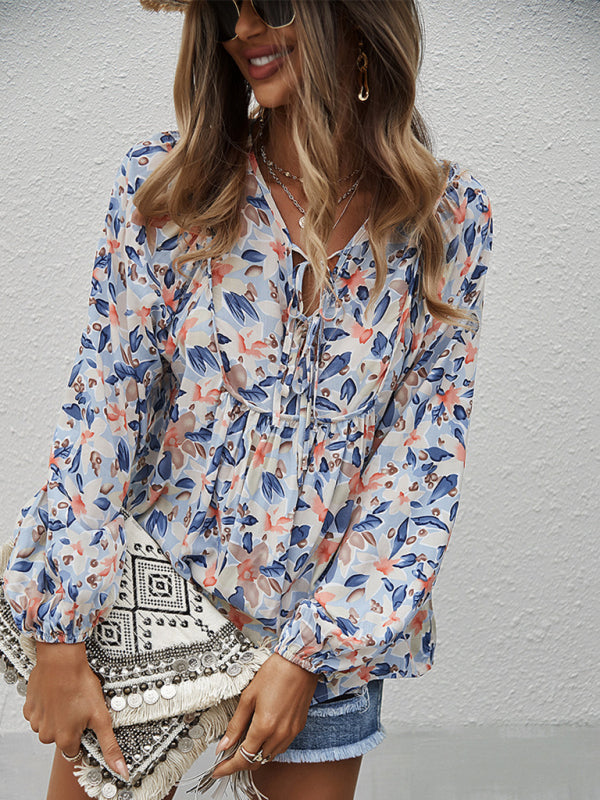 New style casual holiday style floral long-sleeved tie shirt top