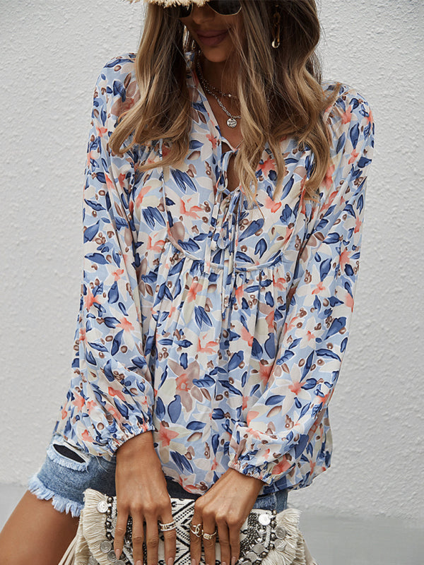 New style casual holiday style floral long-sleeved tie shirt top