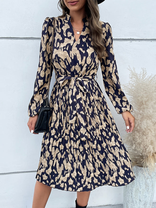 Leopard Print Hem Pleated Long Sleeve Dress