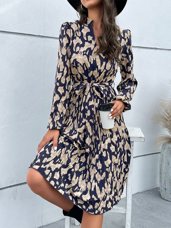 Leopard Print Hem Pleated Long Sleeve Dress