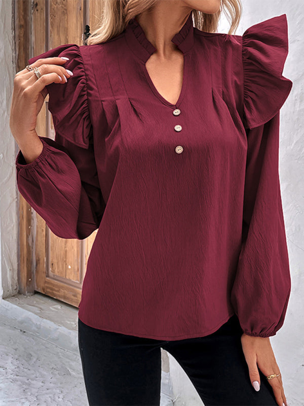 Women's New Red V-neck Long Sleeve Solid Color Shirt Top