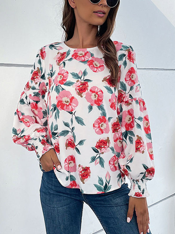 Women's New Round Neck Long Sleeve Floral Shirt Top