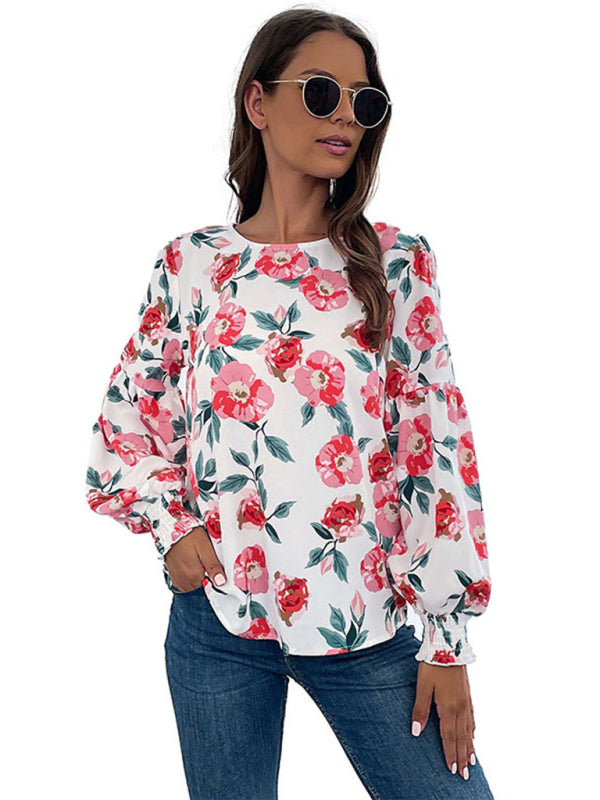 Women's New Round Neck Long Sleeve Floral Shirt Top