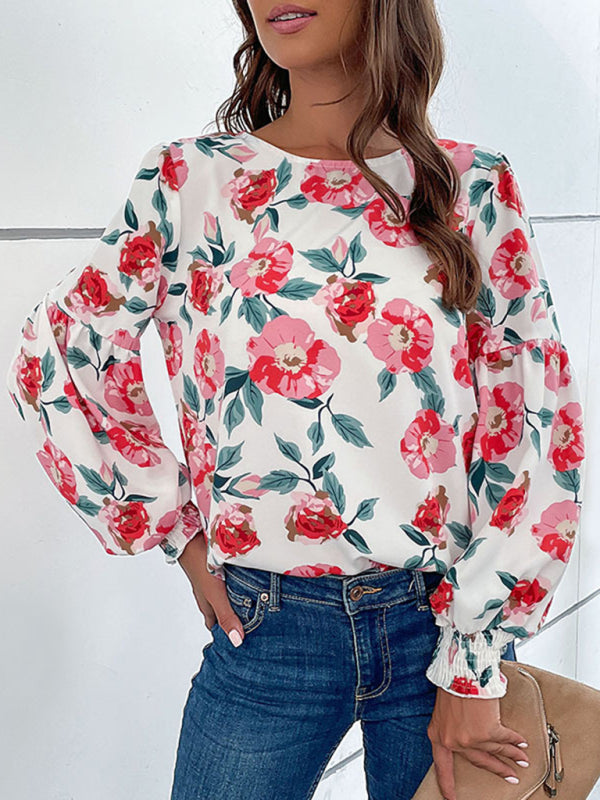 Women's New Round Neck Long Sleeve Floral Shirt Top