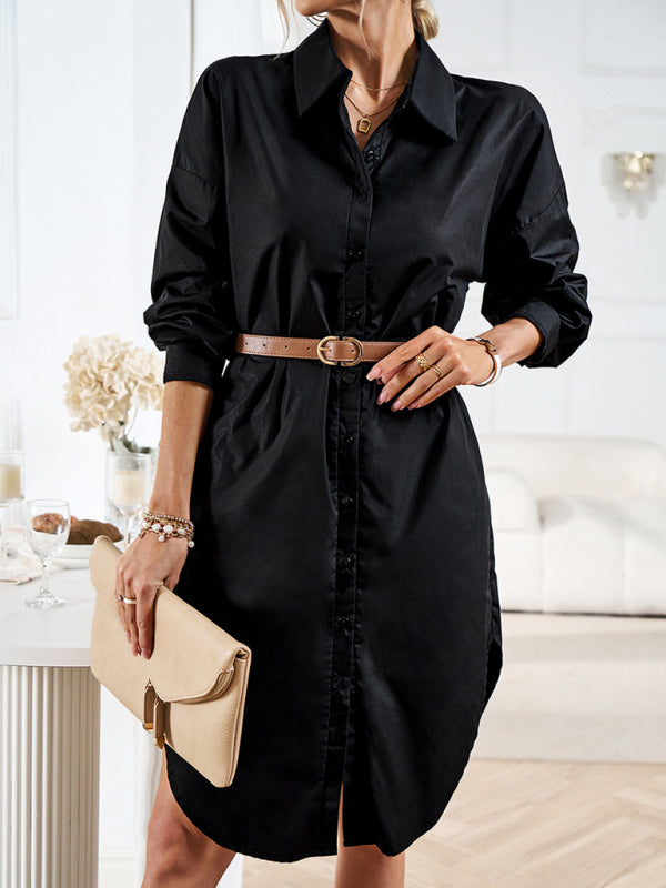 Women's solid color casual all-match long-sleeved shirt dress