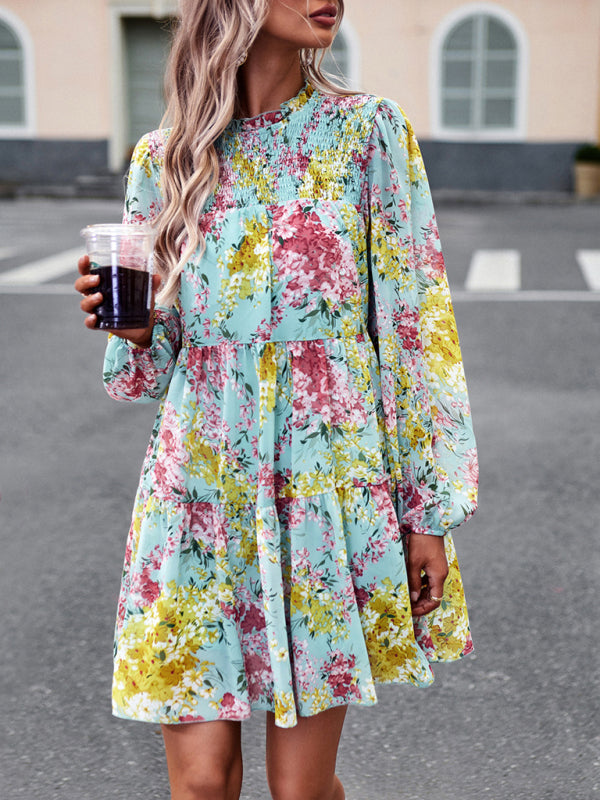 High Neck Stretch Ruffle Long Sleeve Dress