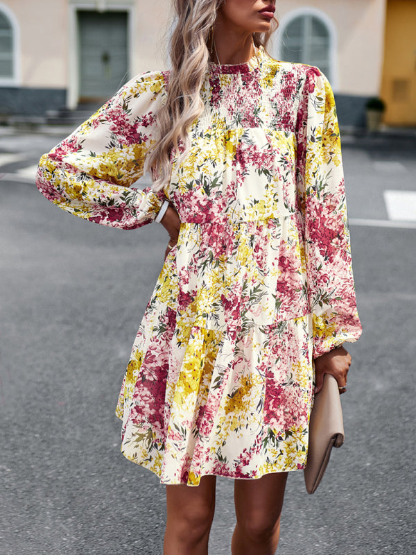 High Neck Stretch Ruffle Long Sleeve Dress