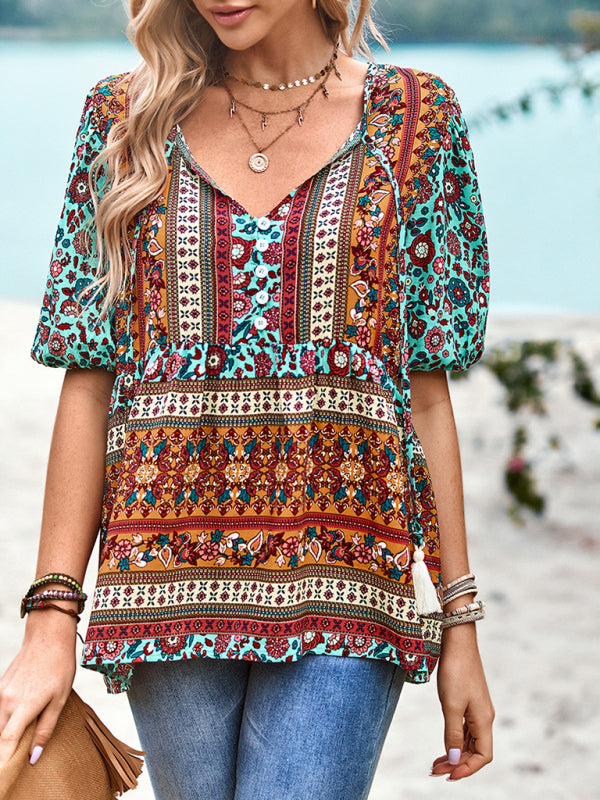 New Ladies Casual Bohemian Printed Shirt Top