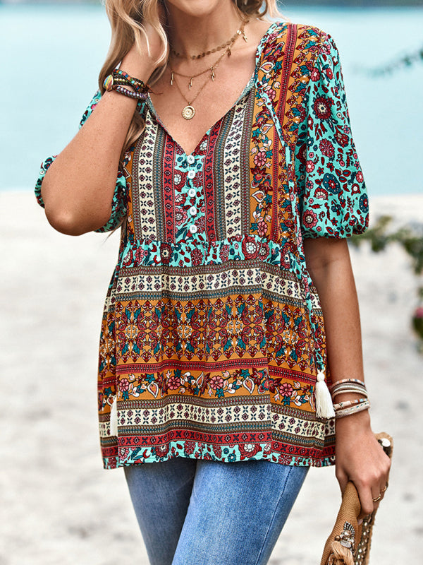 New Ladies Casual Bohemian Printed Shirt Top