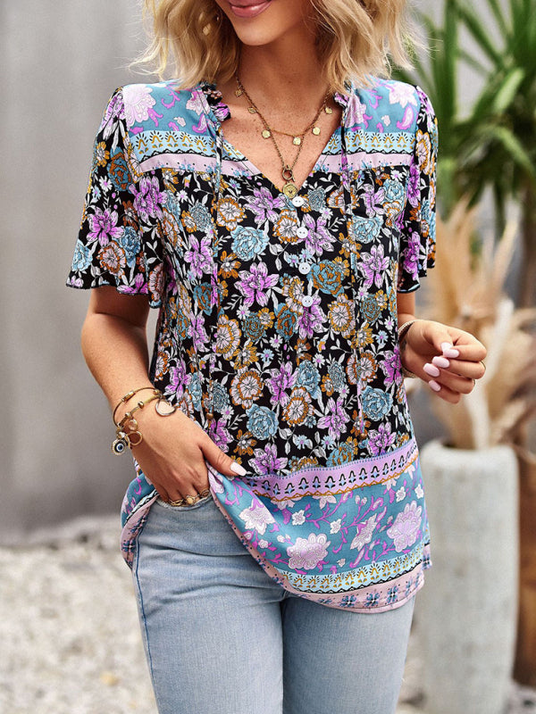 New Ladies Casual Bohemian Printed Shirt Top