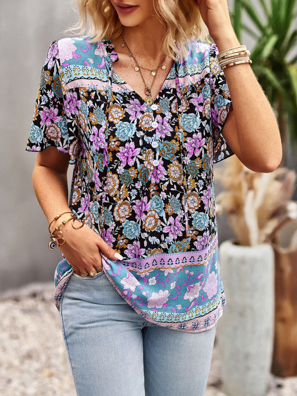 New Ladies Casual Bohemian Printed Shirt Top