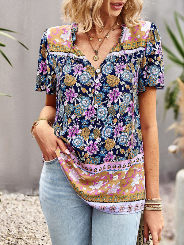 New Ladies Casual Bohemian Printed Shirt Top