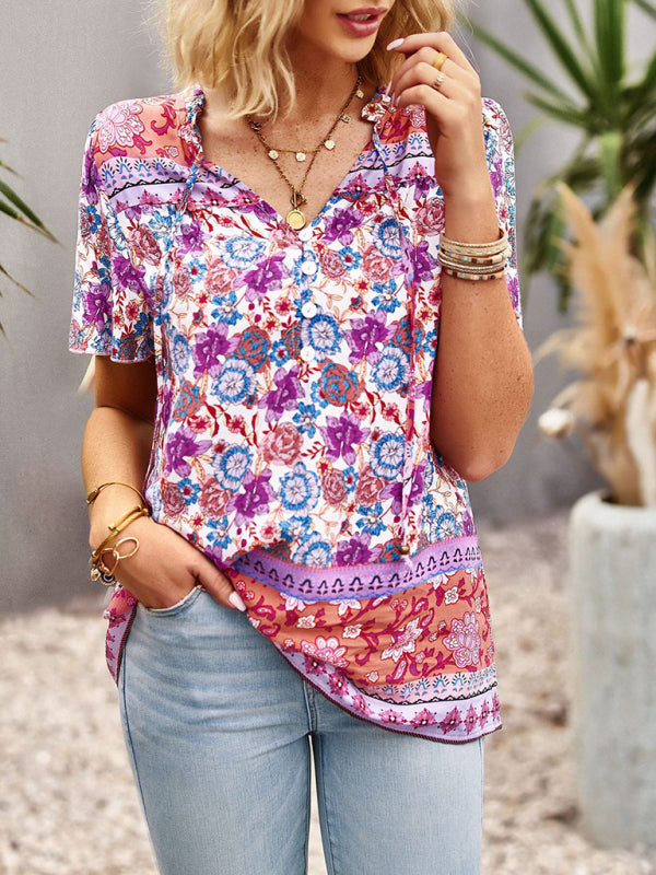 New Ladies Casual Bohemian Printed Shirt Top