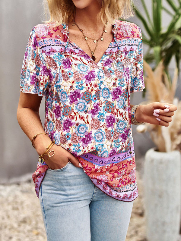 New Ladies Casual Bohemian Printed Shirt Top