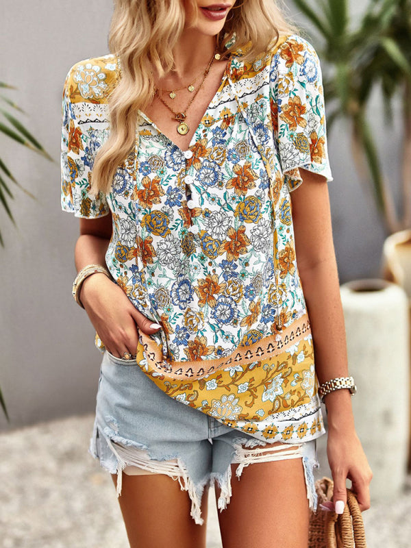 New Ladies Casual Bohemian Printed Shirt Top