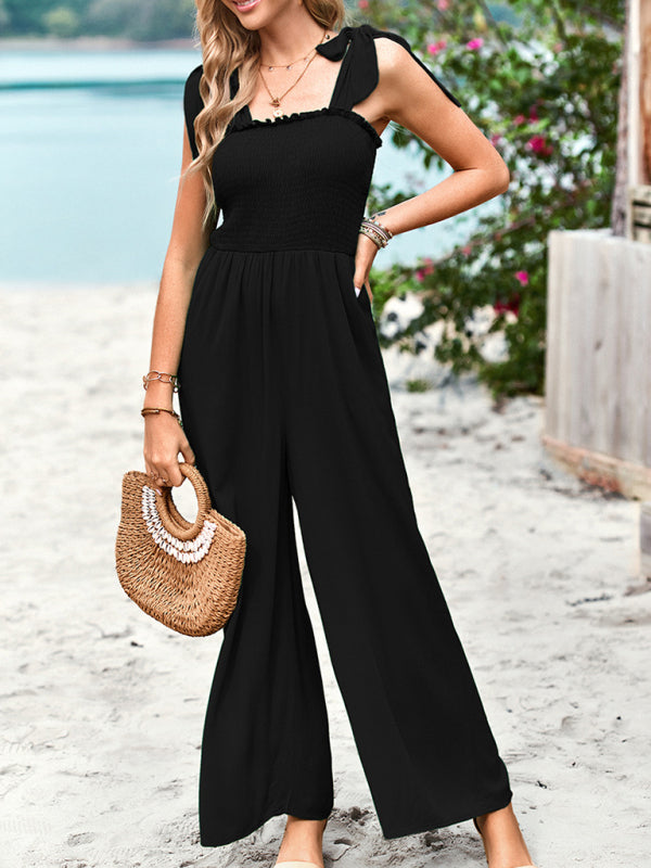 New temperament casual solid color high waist wrap chest suspender jumpsuit wide leg pants