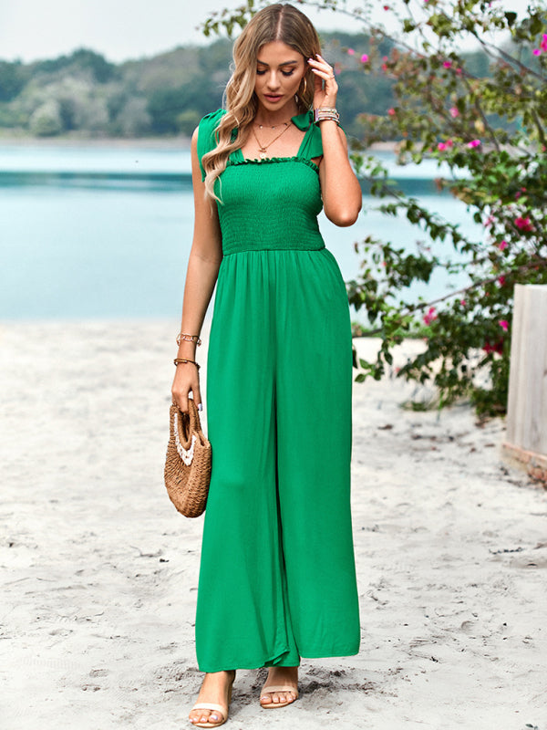 New temperament casual solid color high waist wrap chest suspender jumpsuit wide leg pants