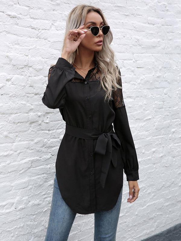 Long round neck, long sleeves and waisted black patchwork lace shirt