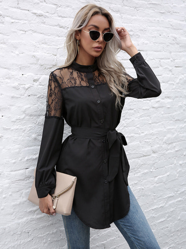 Long round neck, long sleeves and waisted black patchwork lace shirt