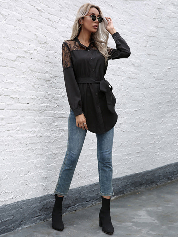 Long round neck, long sleeves and waisted black patchwork lace shirt