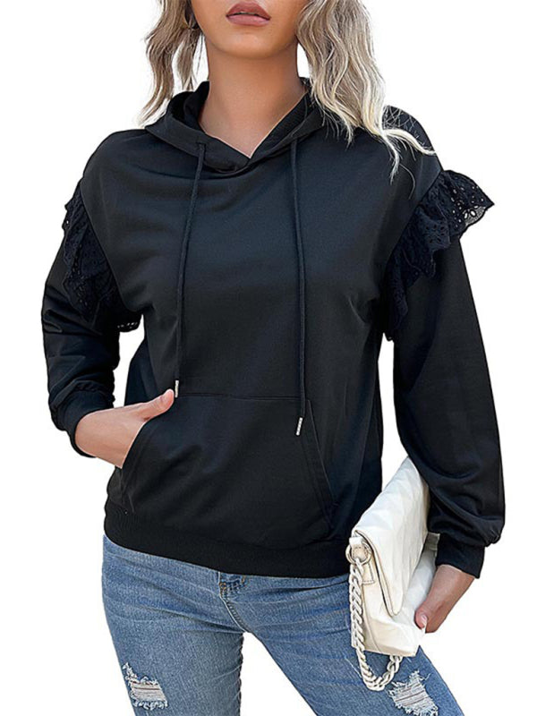 Casual Solid Polyester Lace Detail Hoodie